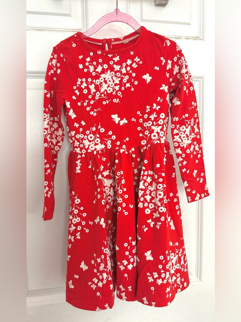 Mini Boden Girls Red Floral Butterfly Jersey Twirl Dress Size 5-6Y Long Sleeve